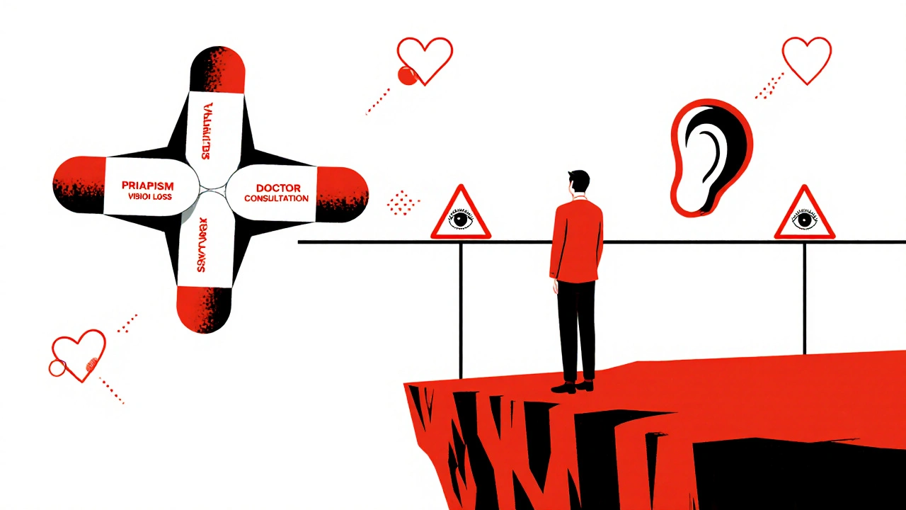 Man at cliff edge with pill bridge to safety, abstract warning symbols around