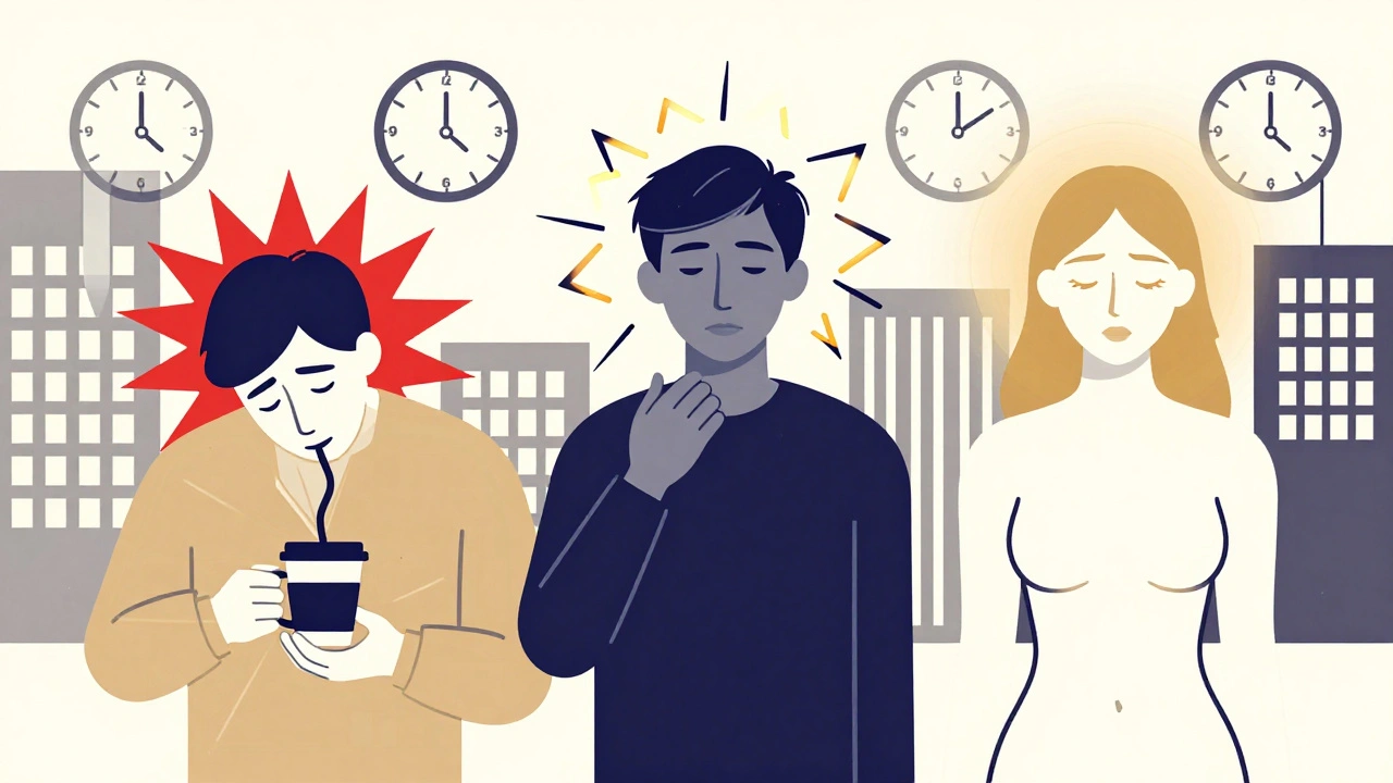 Three stylized figures representing caffeine, Adderall, and Modaheal in a geometric urban scene, Bauhaus art style.