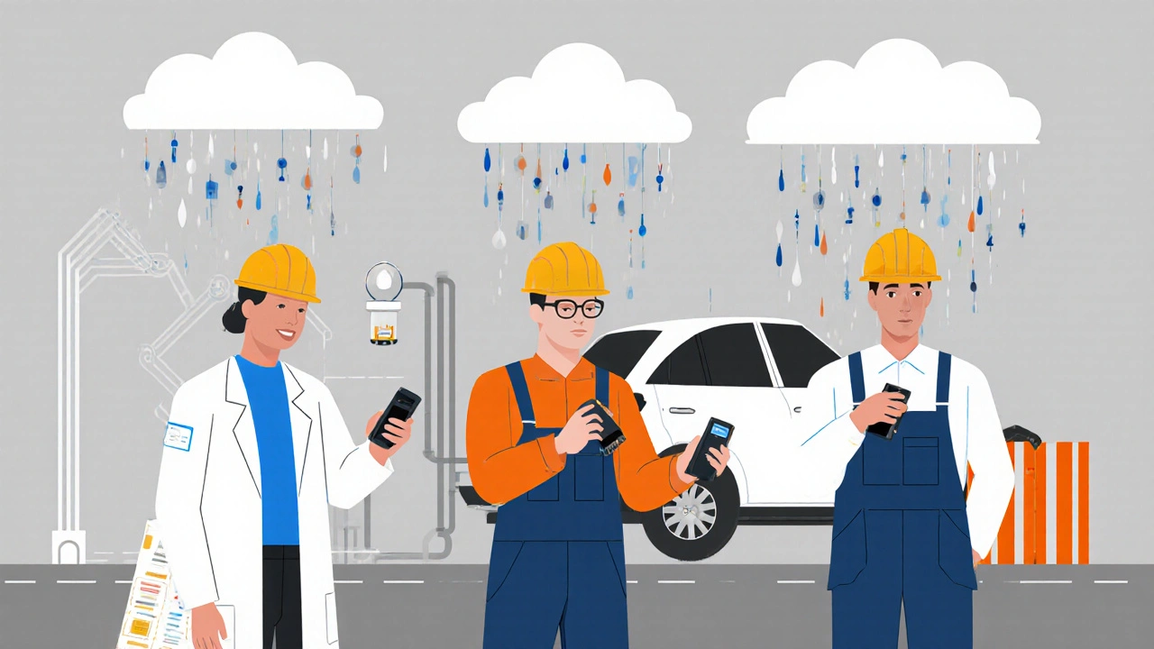 Three workers in different industries using PIM-800 devices, connected by abstract data lines and geometric symbols.