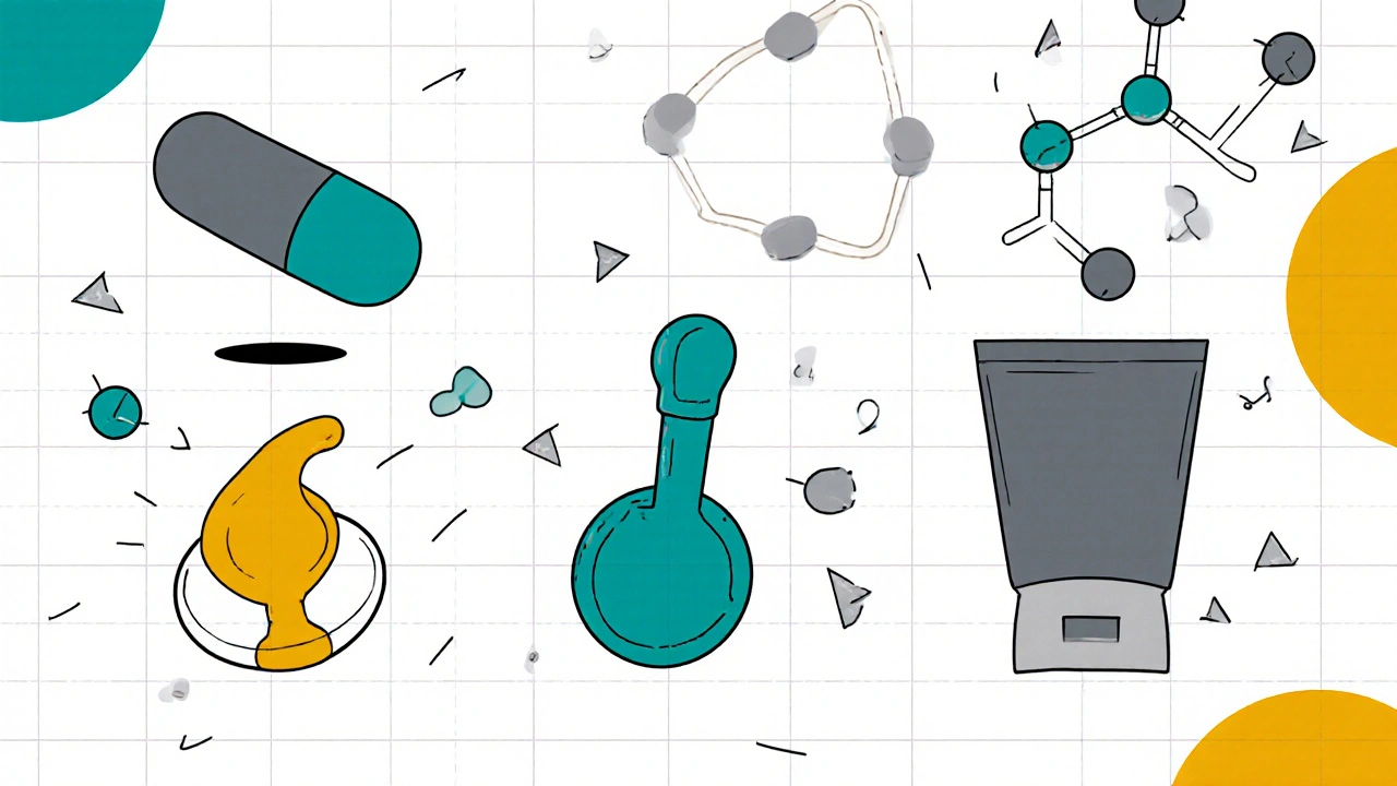 Abstract comparison of three yeast infection treatments as stylized geometric forms on a grid background.