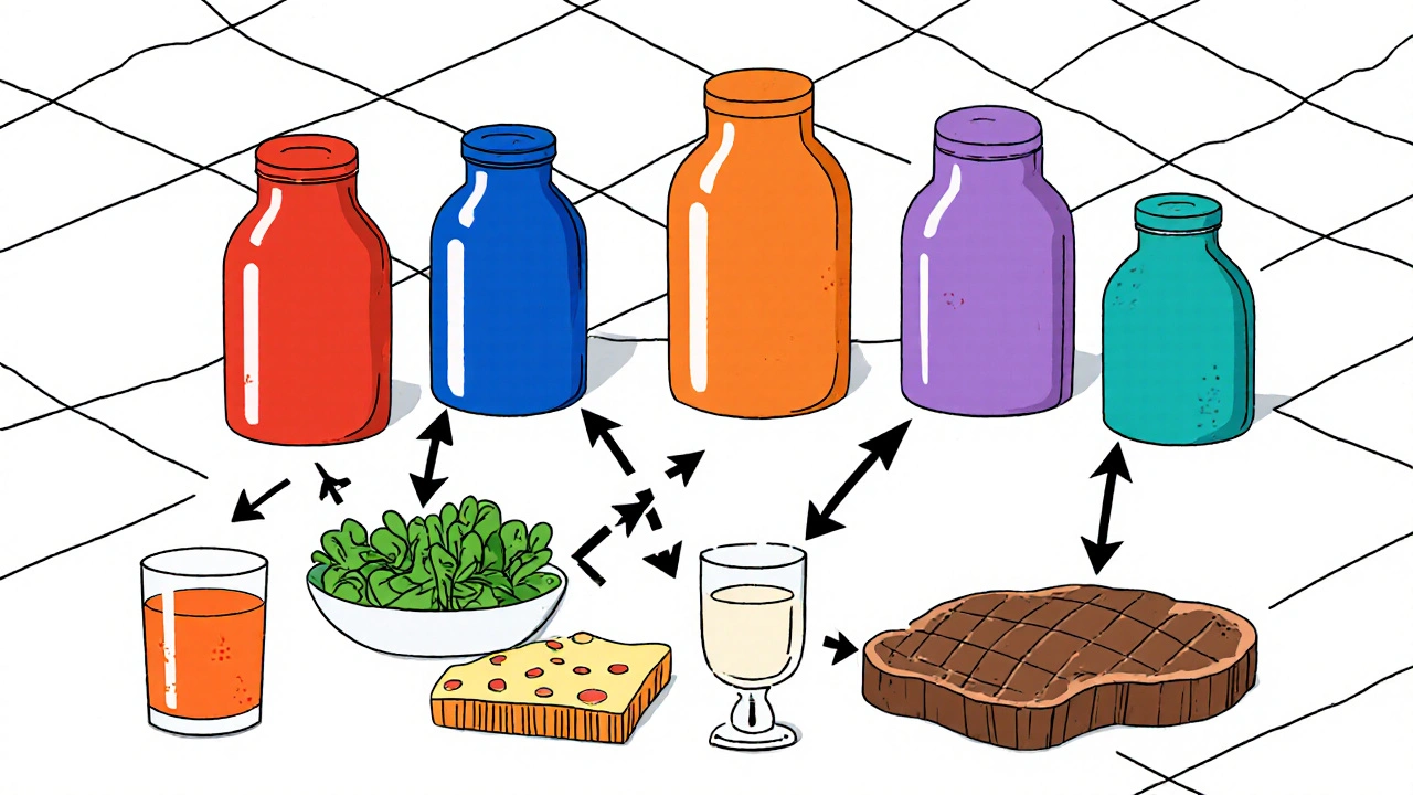 Cartoon of pill bottles matched with foods like grapefruit and cheese, linked by arrows.
