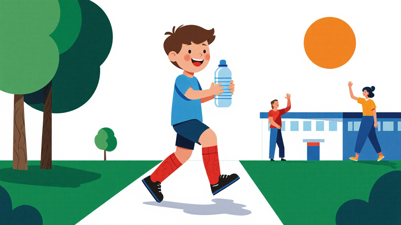 Child wearing compression stockings, drinking water, playing outdoors.