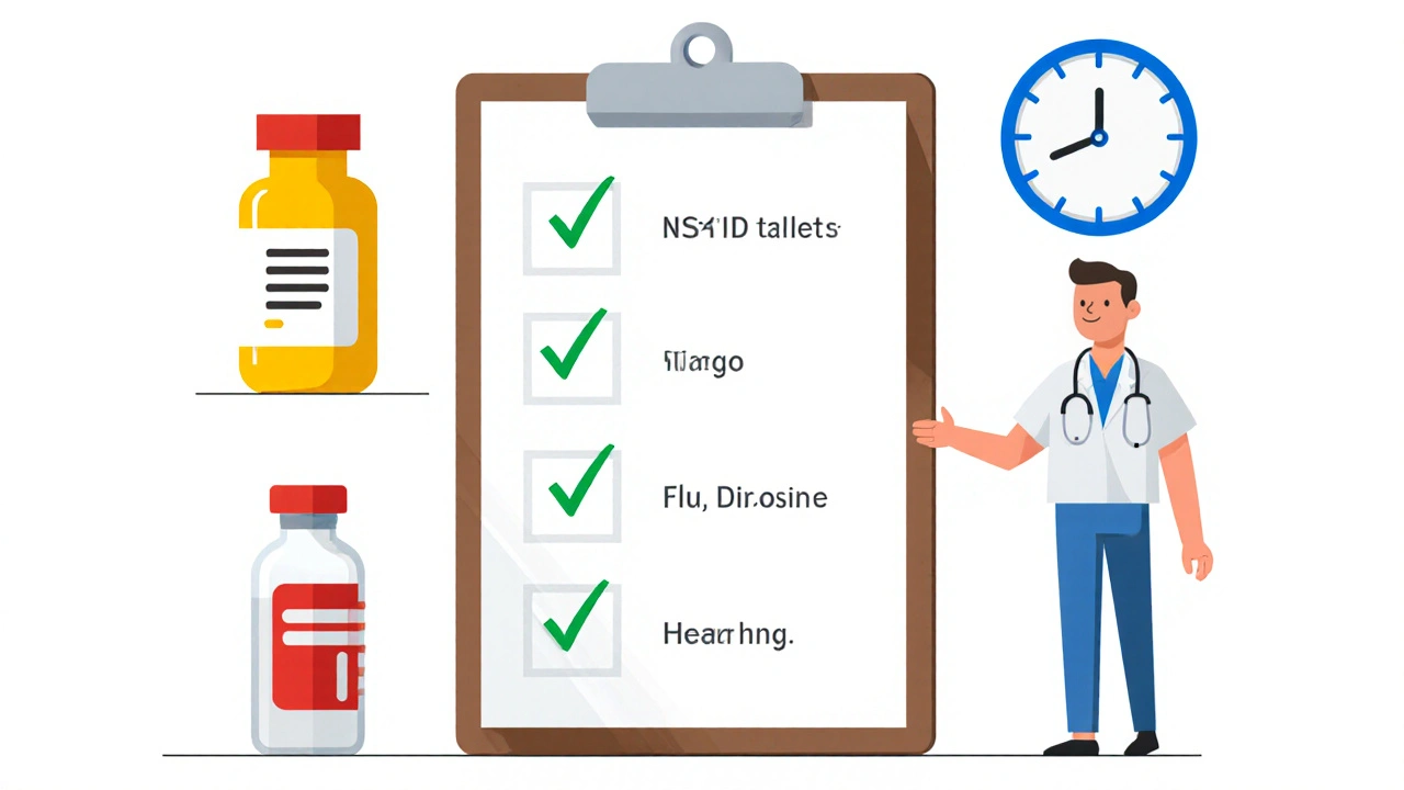 Clipboard with checked vaccination steps surrounded by pills, vaccine vial, and doctor.