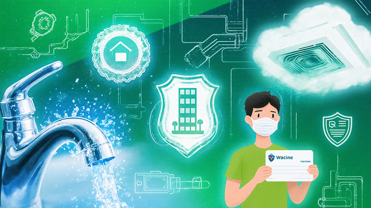 Collage of water safety, HVAC ventilation, mask and vaccine symbols representing disease prevention.