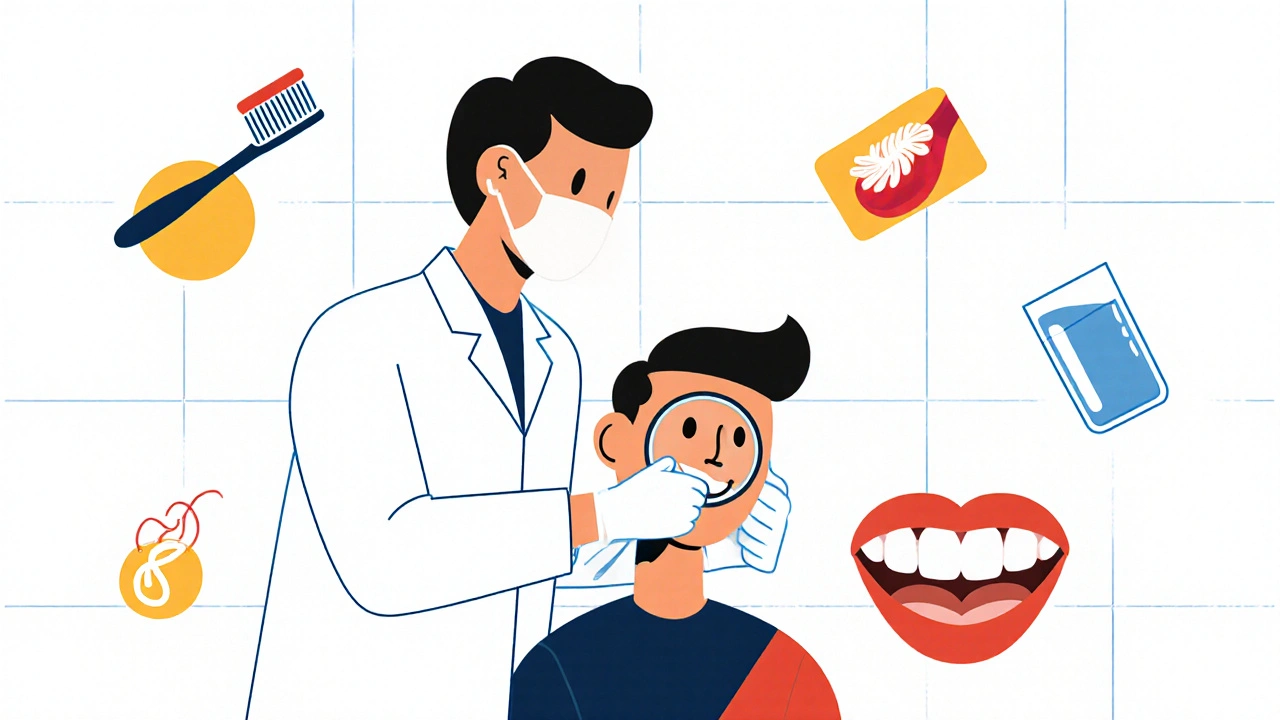 Dentist examining a patient’s mouth with toothbrush, floss, and water icons around.