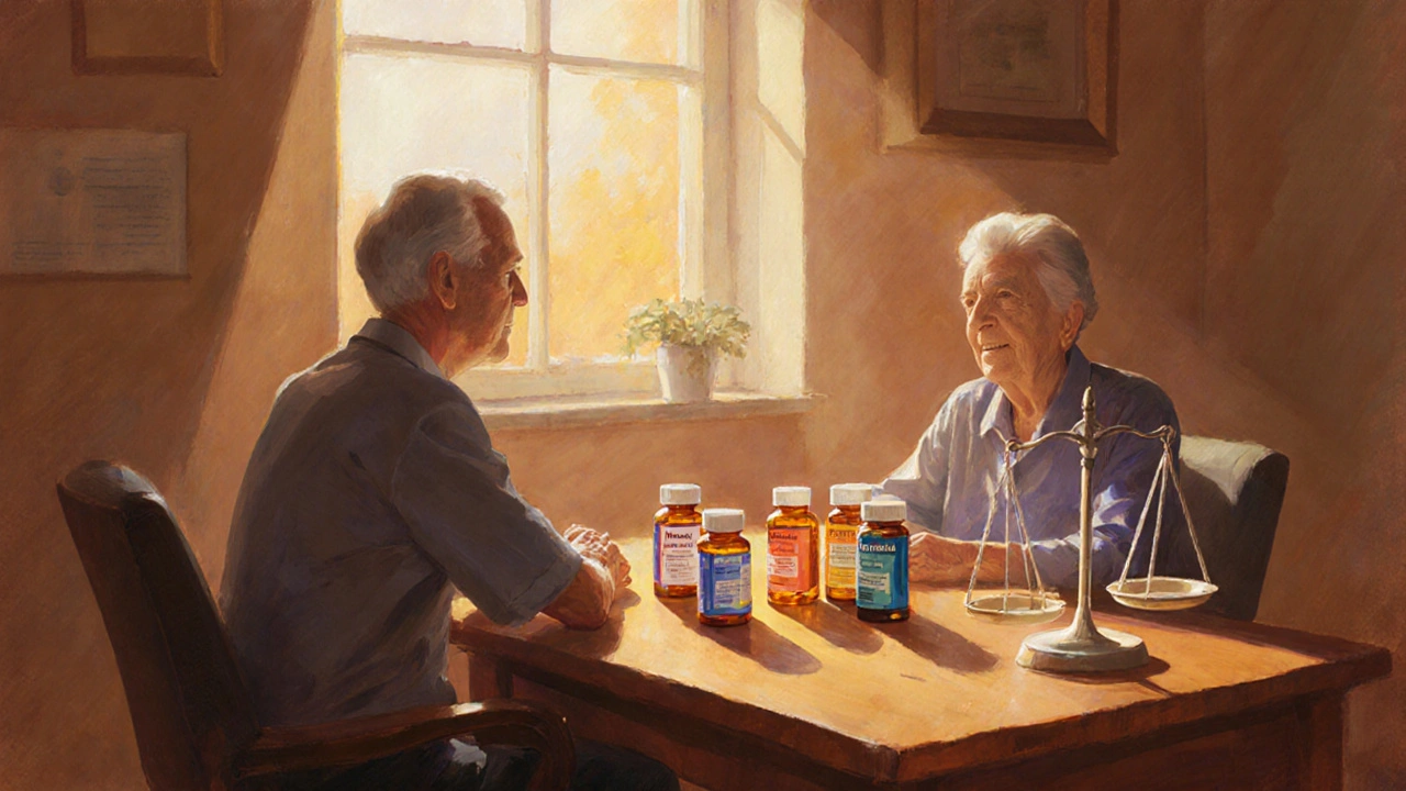 Doctor and patient reviewing multiple beta blocker bottles on a table with a symbolic scale.