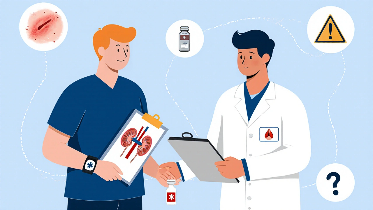 Doctor showing kidney chart to patient wearing medical alert bracelet and holding reversal agent vial.