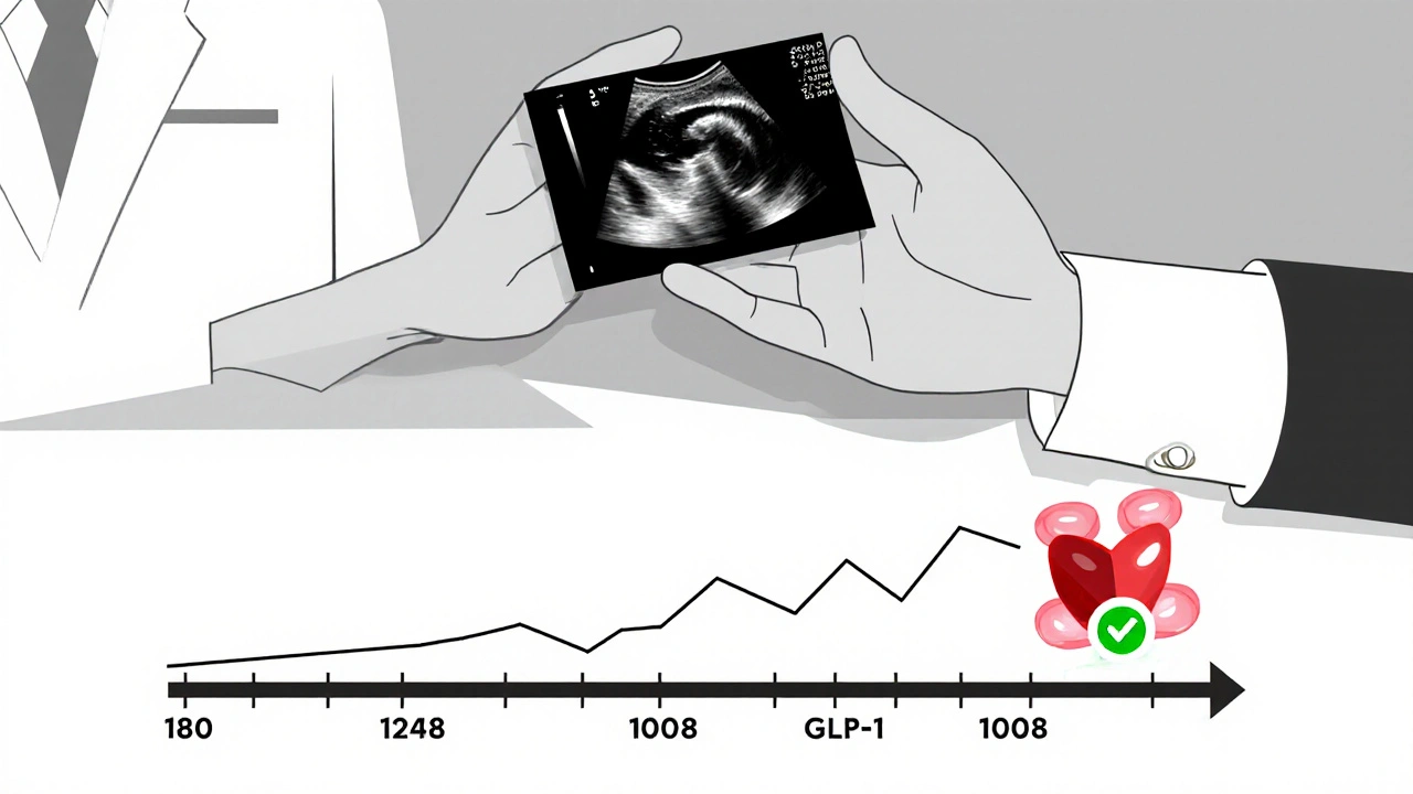 Doctor showing ultrasound of gallstones with timeline and prescription graph in minimalist Bauhaus design.