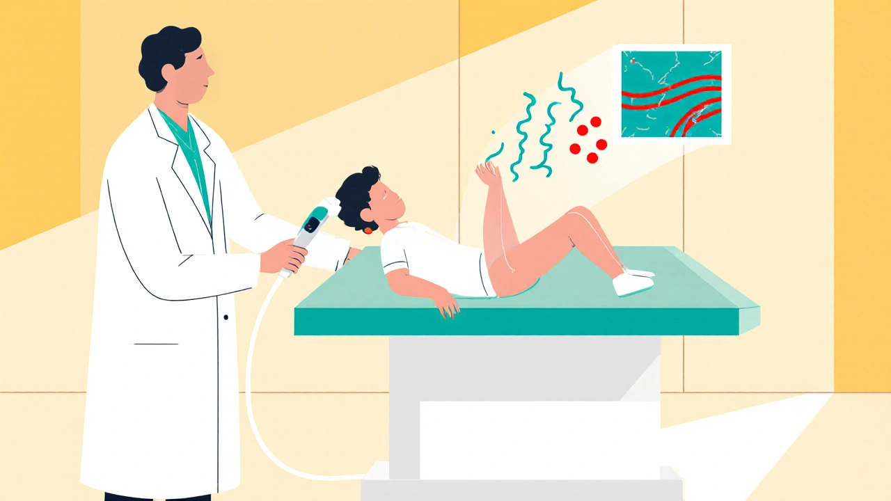 Doctor using ultrasound on child's leg, Bauhaus illustration.