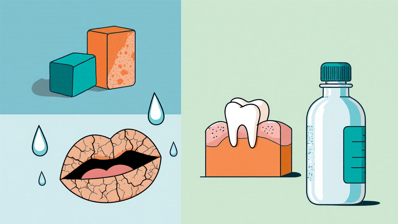 Dry mouth with minimal water droplets, gum, and hydration icons in geometric shapes.