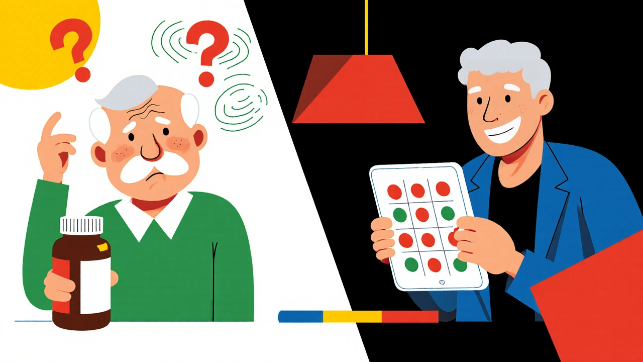 Elderly man transitioning from confusion to clarity with a decision aid tablet showing color-coded icons.
