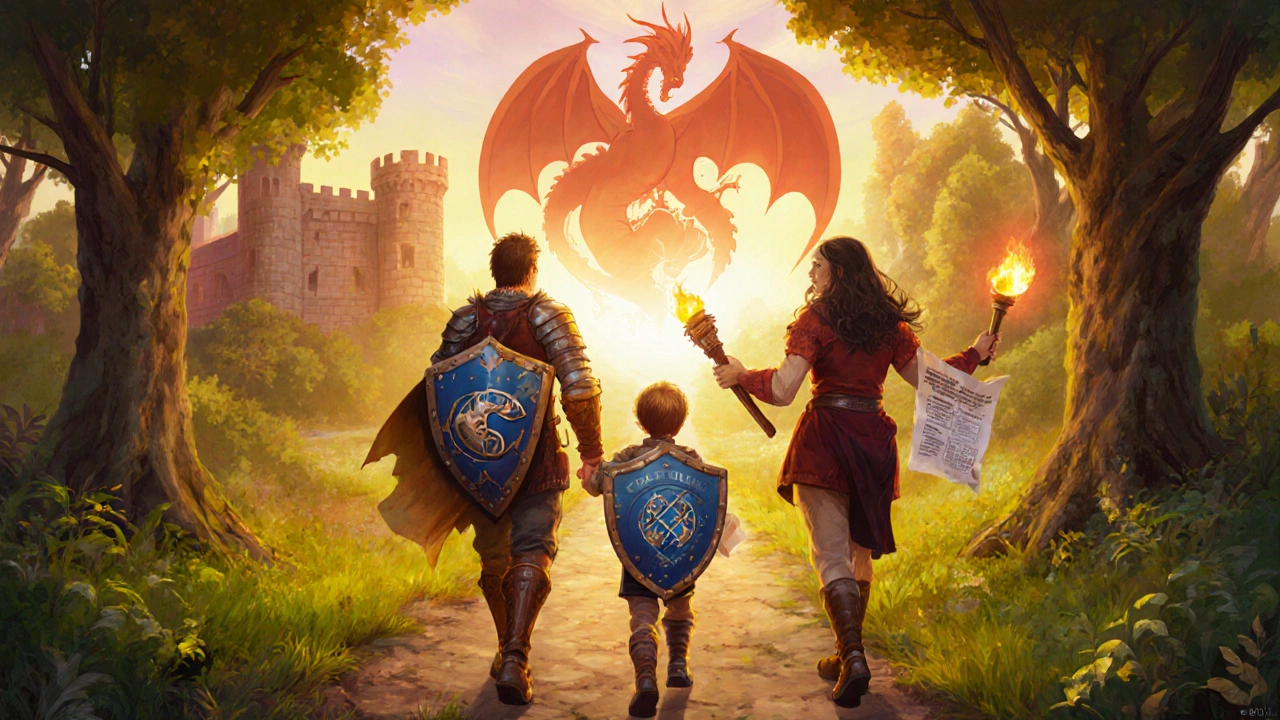 Family adventurers walk toward a heart fortress, child with shield, dragon receding.
