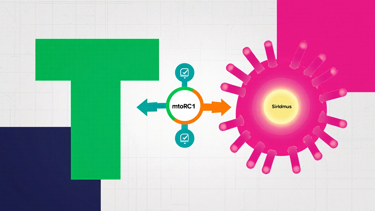Geometric T‑cell and cancer cell with mTOR hub blocked by Everolimus and Sirolimus arrows.