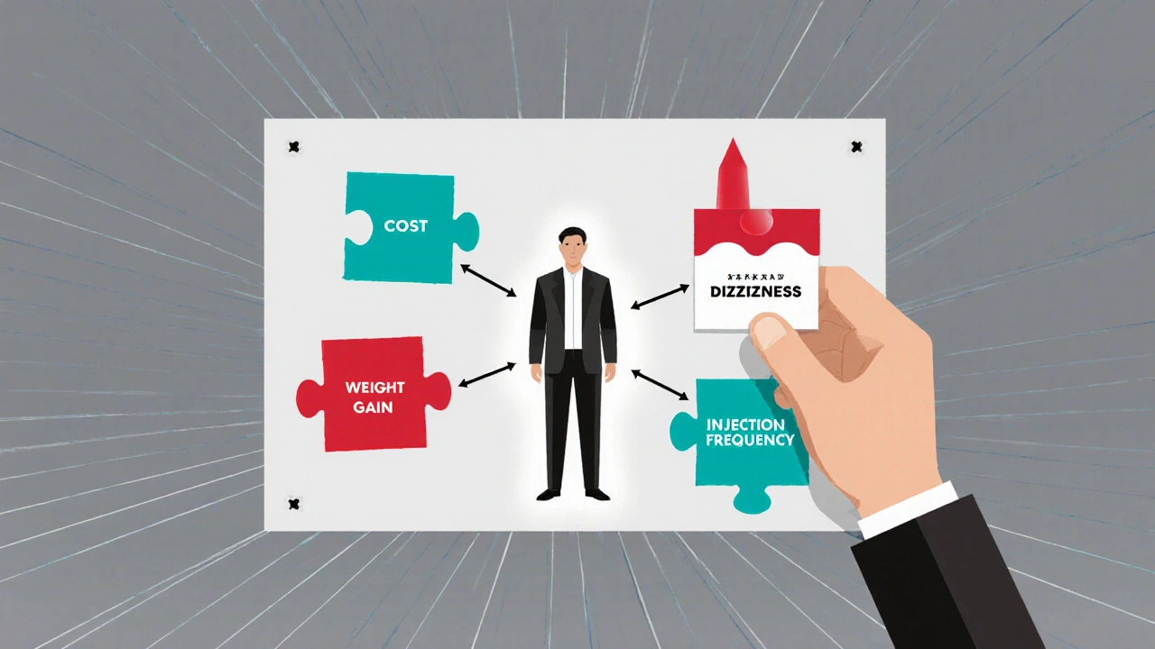 Hand placing personal priority puzzle pieces into a decision board with geometric shapes and colors.