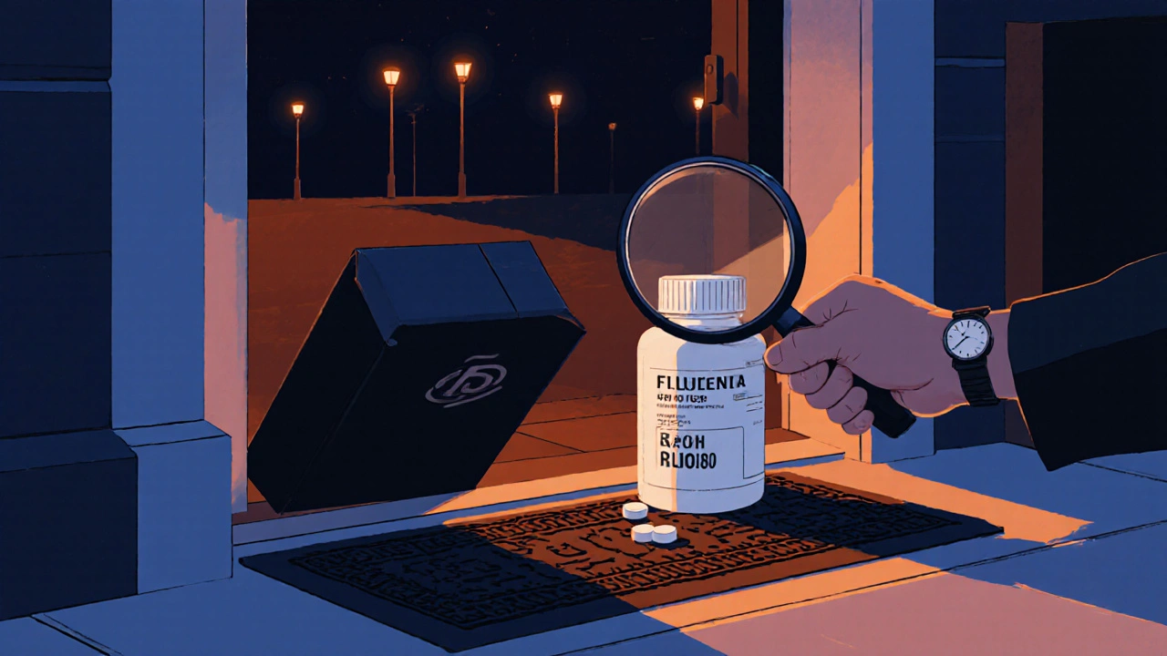 Hand receiving discreet parcel with fluoxetine bottle, using magnifying glass.
