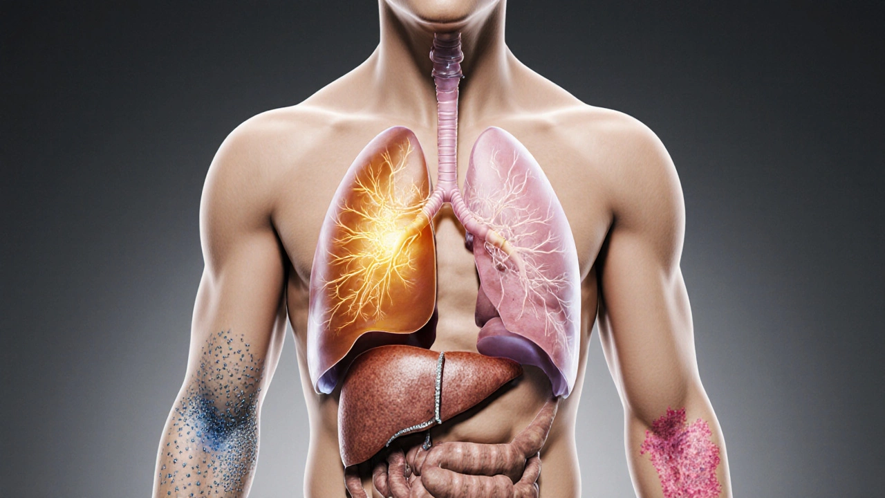 Human torso highlighting thyroid, lungs, liver, skin, and eyes affected by Amiodarone.