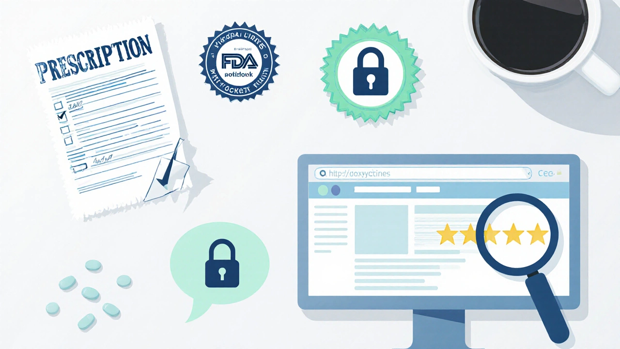 Illustrated checklist showing prescription, regulatory seal, secure checkout for buying online.