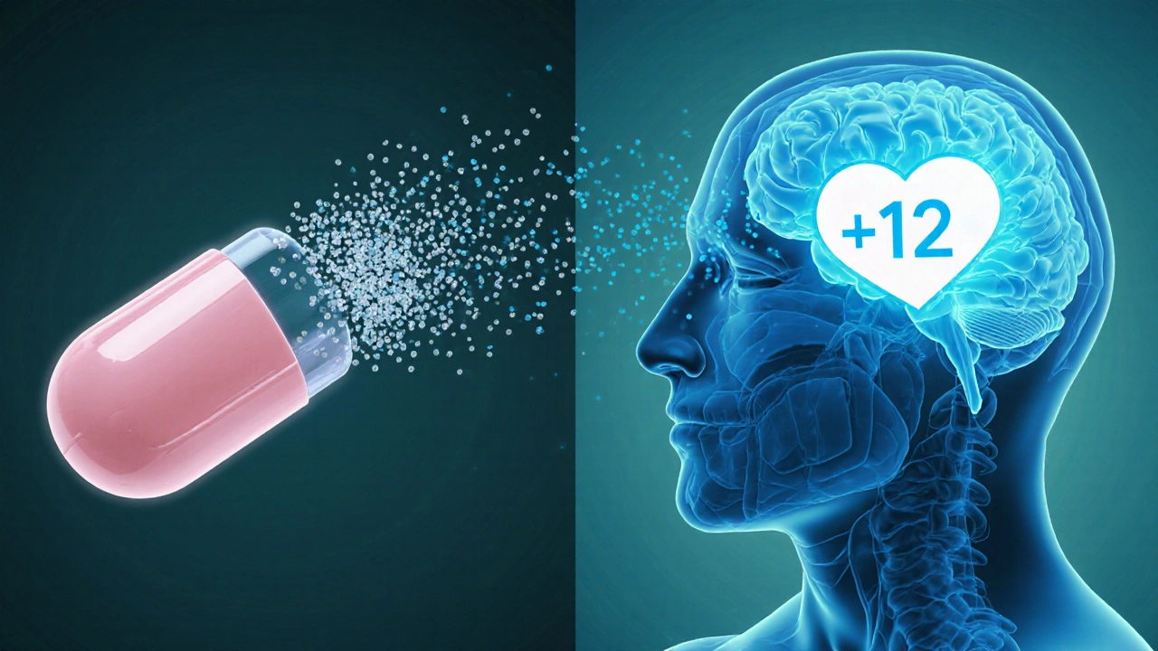 Illustration of an Innopran XL tablet dissolving and blocking heart and brain beta receptors.