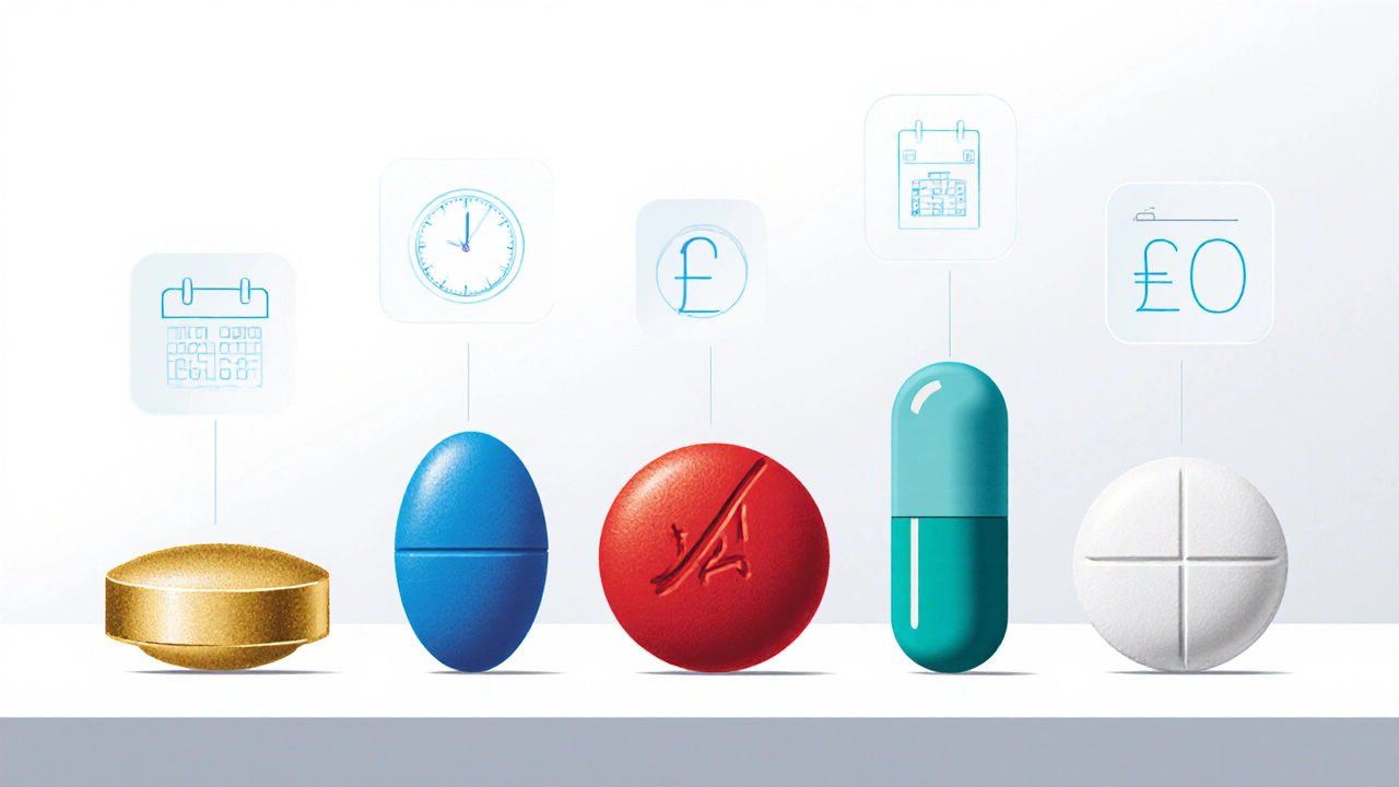 Illustration of five different ED pills lined up with icons for onset, duration, and price above them.