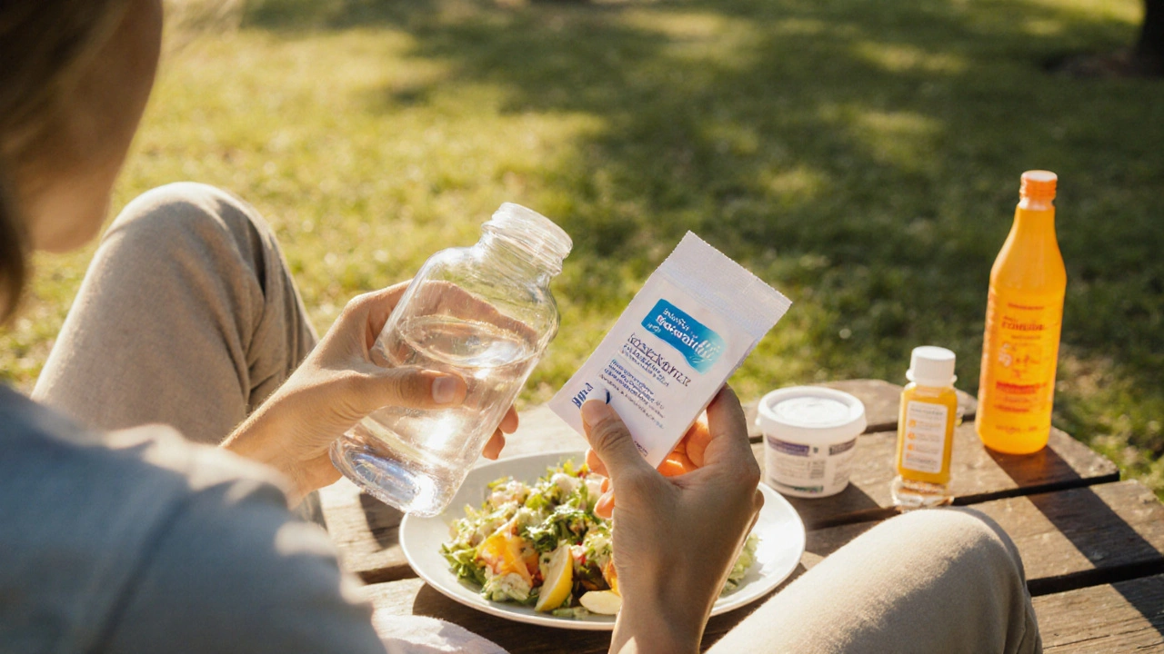 Individual takes doxycycline outdoors with water, sunscreen, and probiotics on a park bench.