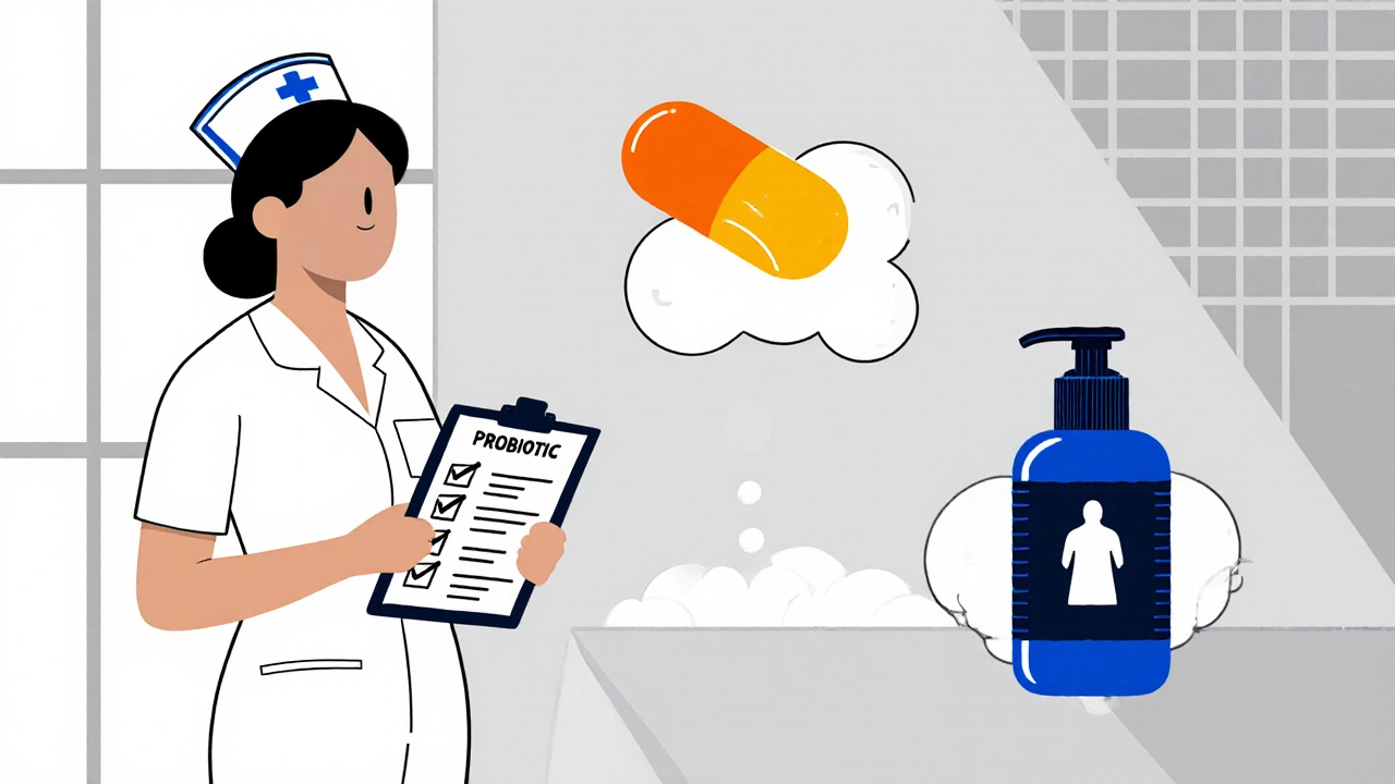 Nurse with checklist surrounded by probiotic capsule, soap dispenser, and vancomycin icons.