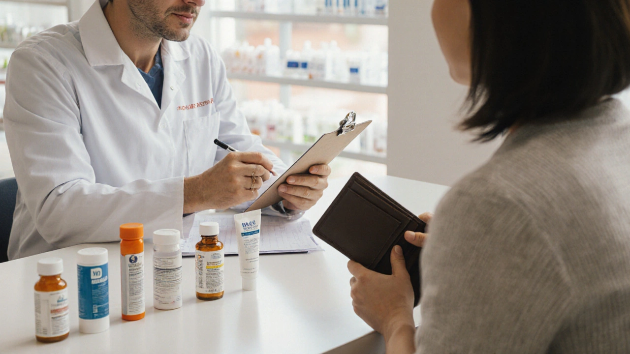 Patient and pharmacist at a pharmacy counter discussing medication, wallet in hand.