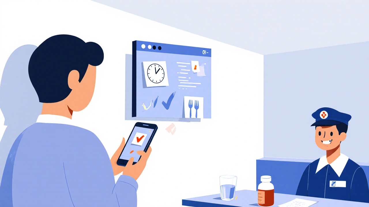 Patient checking a phone alarm with a sticky note, pharmacist nearby, in a modular room.