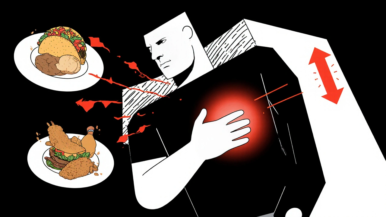 Patient holding abdomen with red pain arrow and fatty foods nearby in angular Bauhaus illustration.