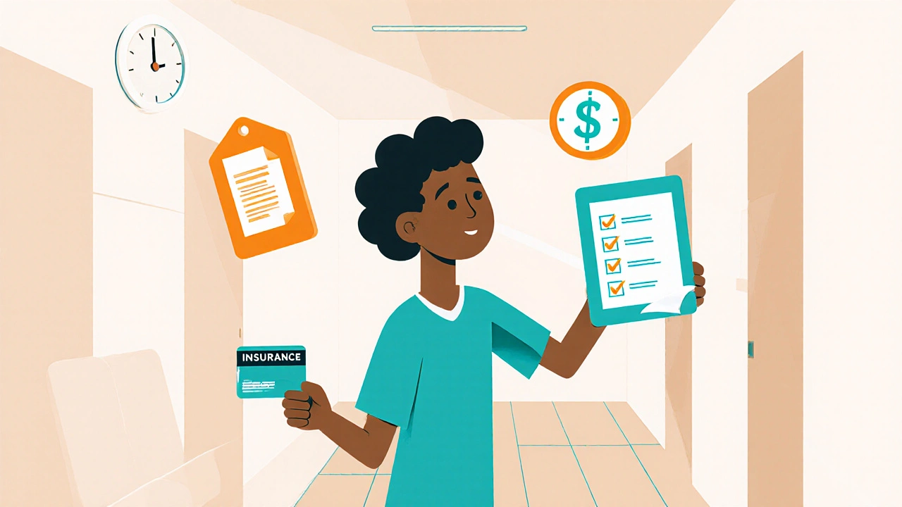 Patient leaves clinic holding insurance card and checklist icons, moving forward confidently.