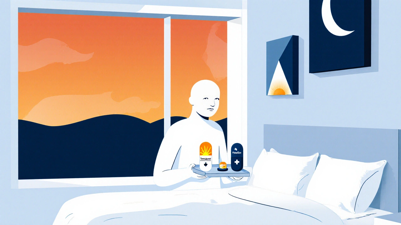 Person in a dusk bedroom choosing between Levocetirizine and Phenergan pills.