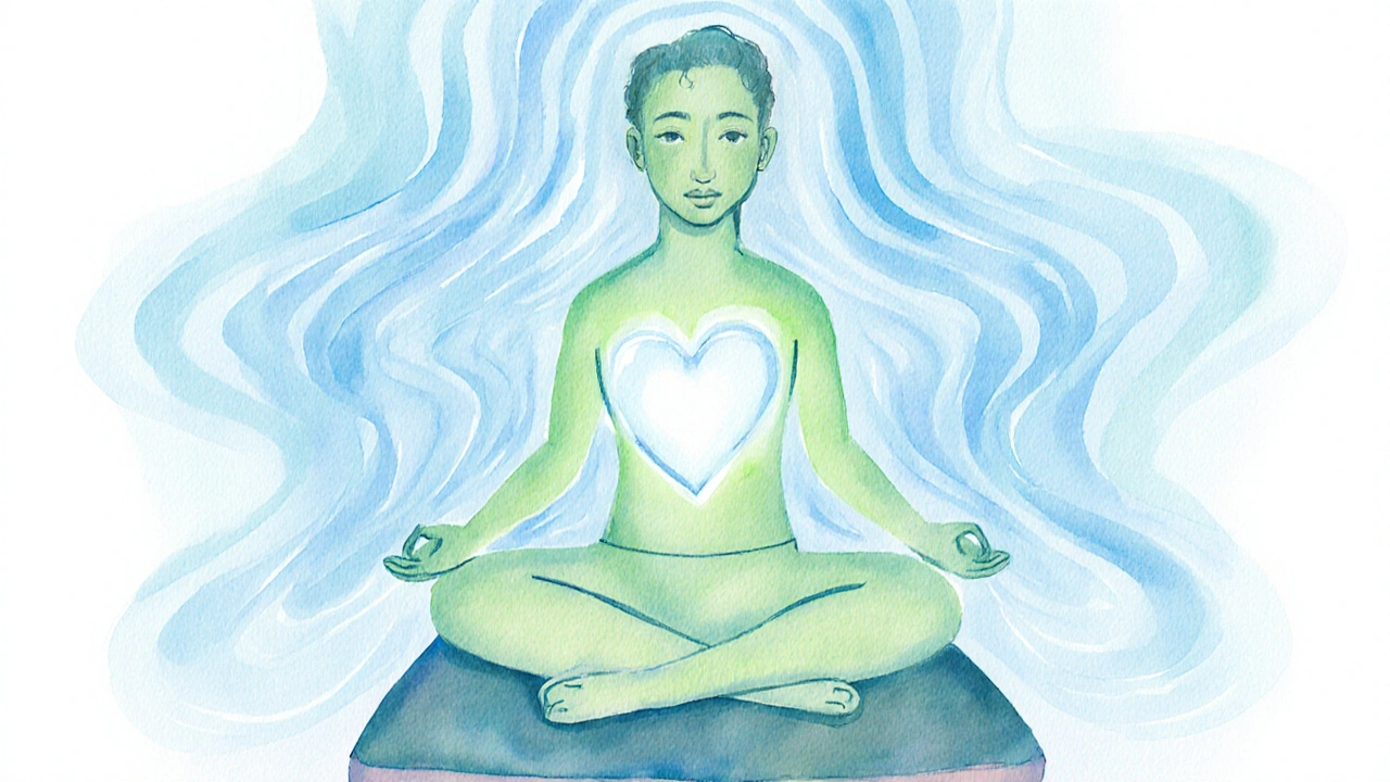 Person meditating in lotus pose surrounded by a calming blue‑green aura and glowing heart.