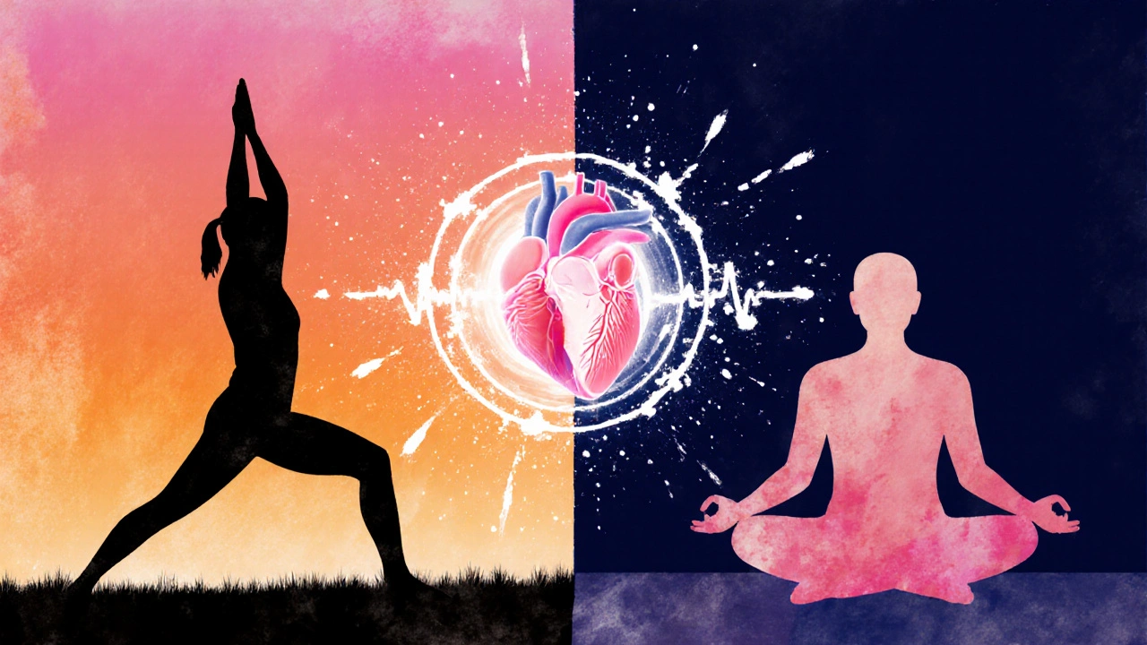 Silhouette transitioning from yoga Warrior II to meditation, heart radiating light.