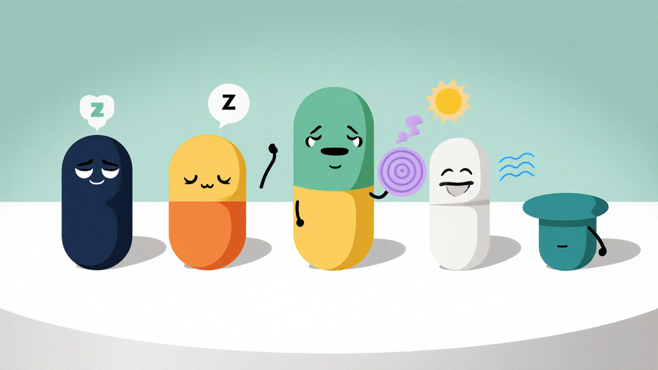 Six cartoon pill characters showing different sedation levels in Bauhaus style.