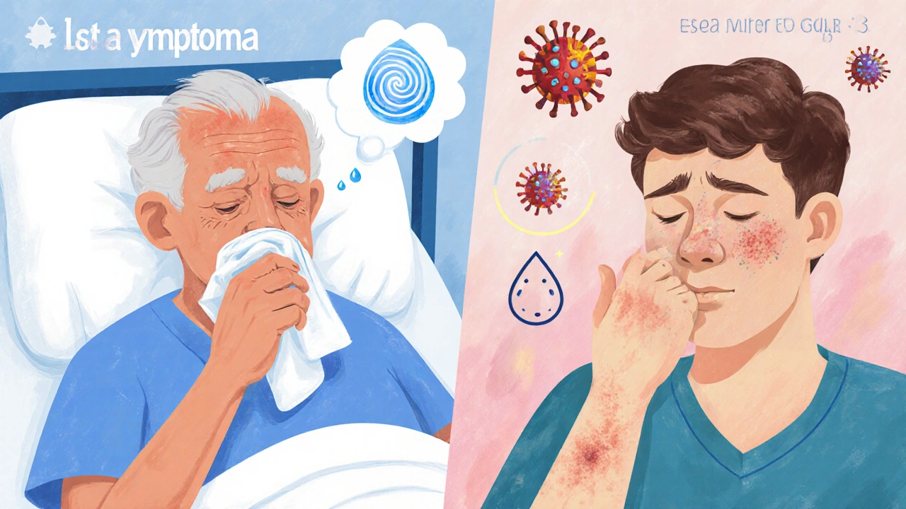 Split illustration showing Legionella symptoms vs COVID‑19 symptoms in two patients.