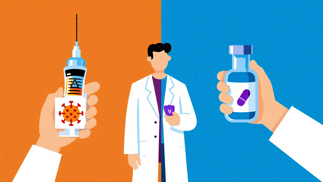 Split scene of live vs inactivated vaccines with patient on biologic medication.