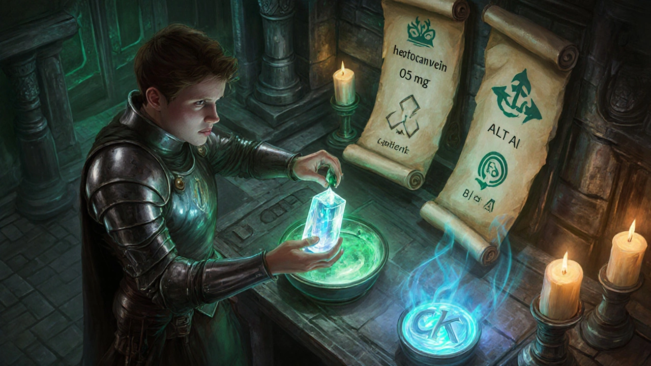 Teen hero measures Atorvastatin dose in an alchemist lab, scrolls show lab results.
