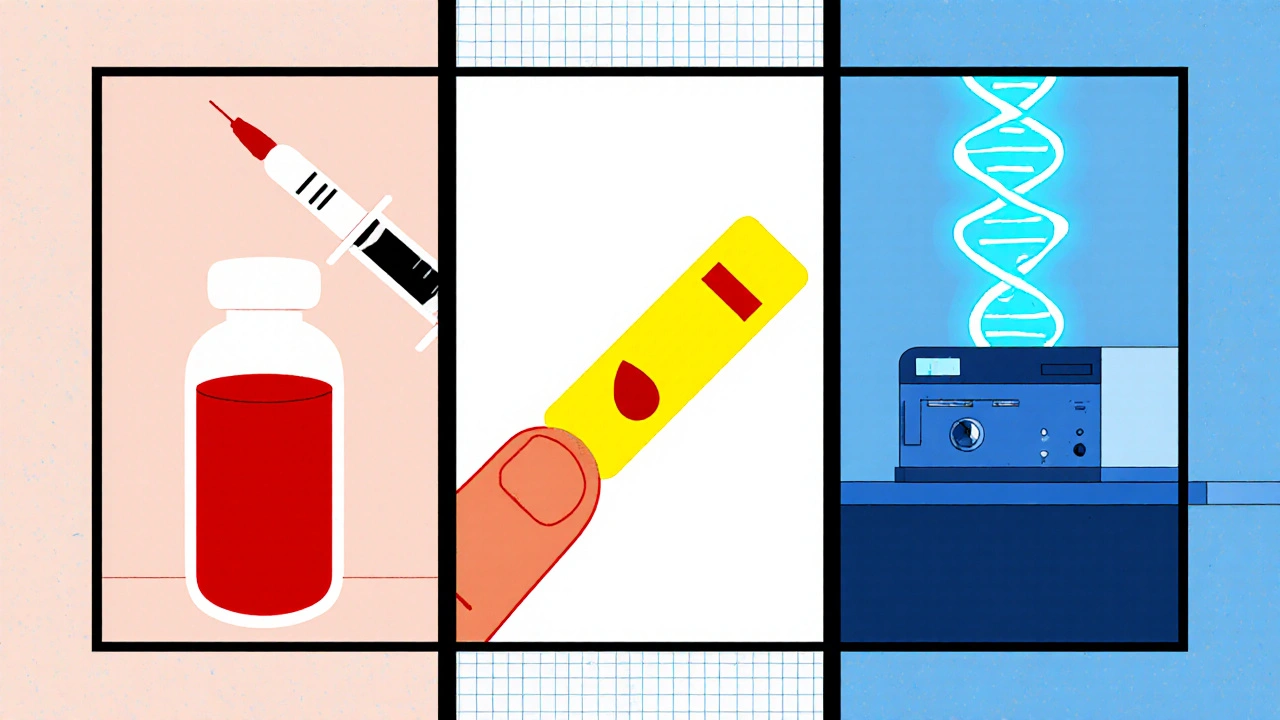 Three panels show RPR blood draw, rapid finger‑stick, and PCR lab test with bold shapes.
