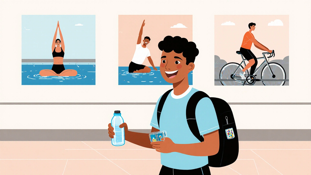 Traveler with pill organizer walking through airport, surrounded by safe exercise icons.