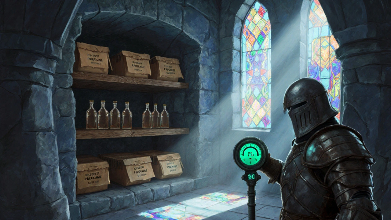 Vaulted storage chamber with amber vials, temperature gauge, and light filtering windows.