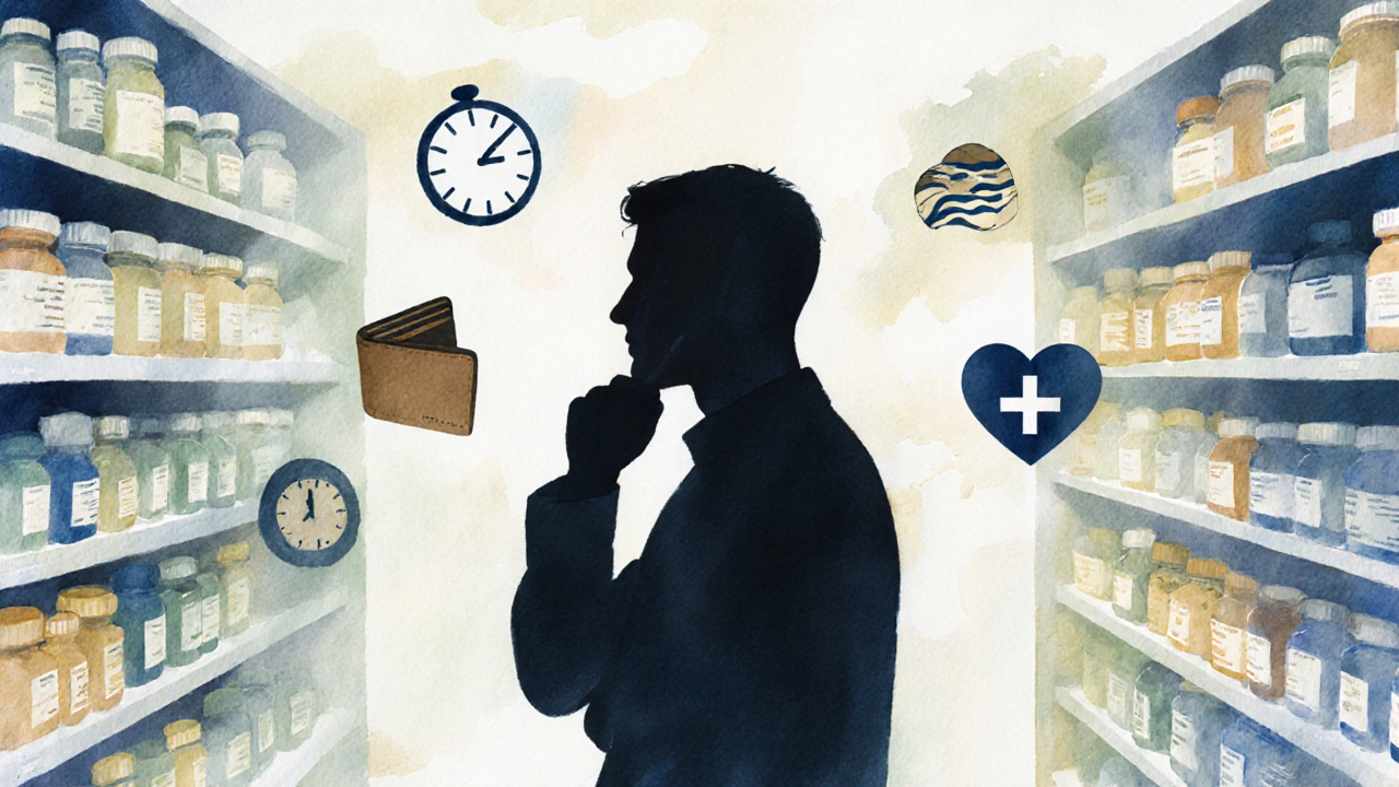 Watercolor scene of a man in a pharmacy aisle surrounded by symbols for timing, budget, and health.