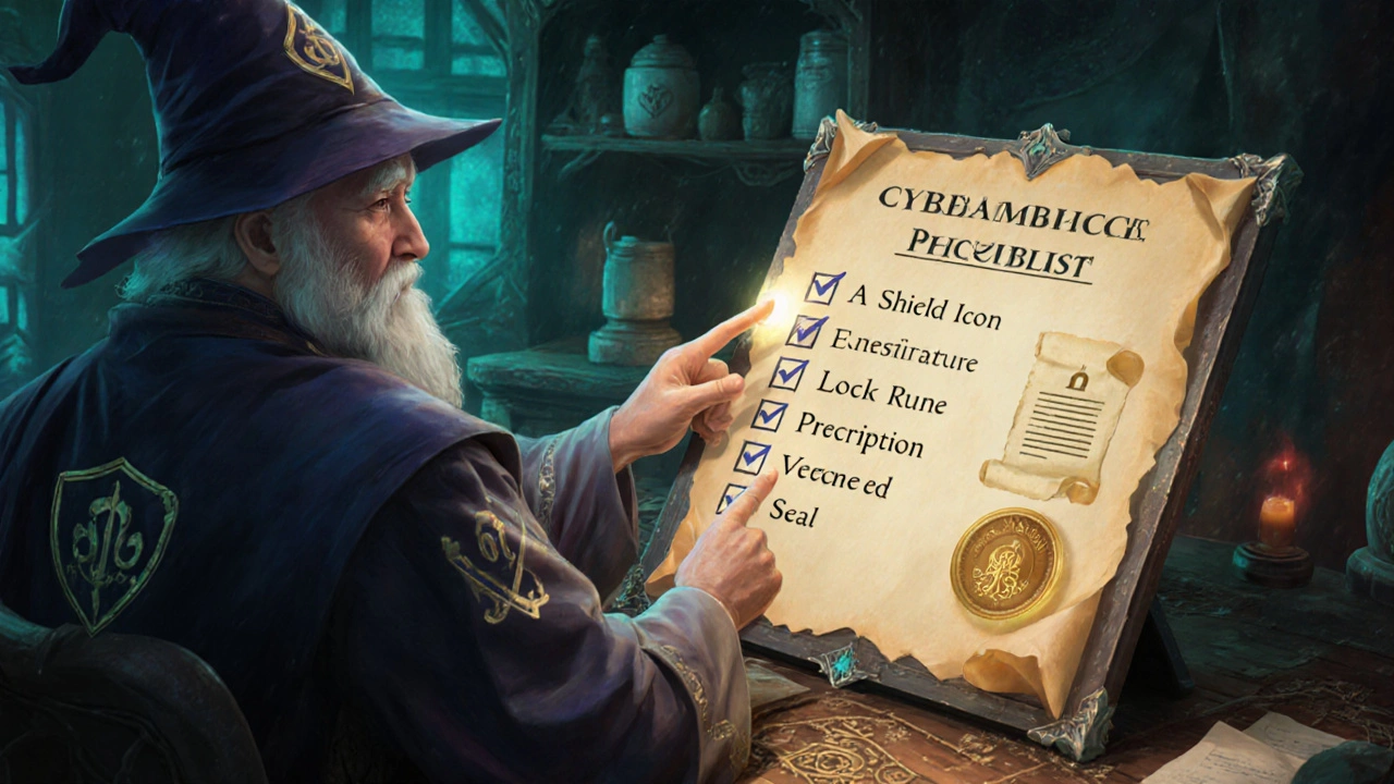Wizard checks a magical checklist for safe online pharmacies.