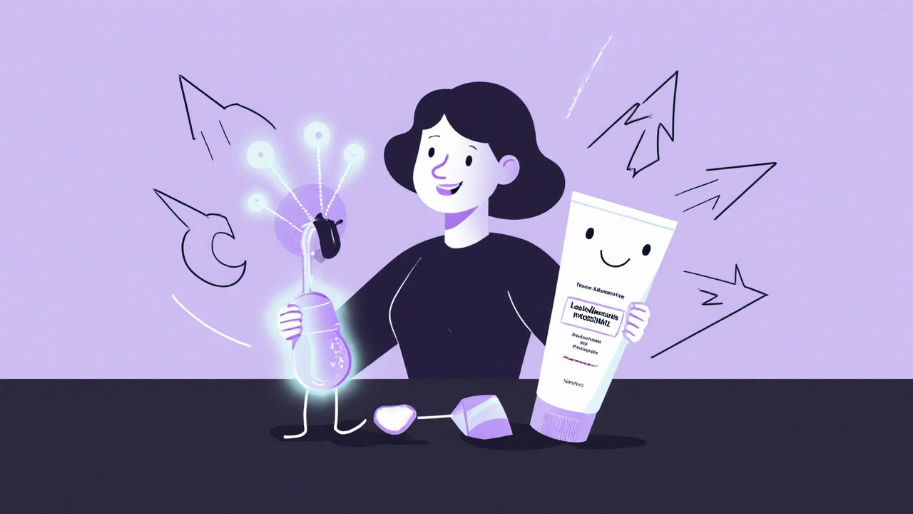 Woman holding boric acid suppository with probiotic microbe beside her, symbolizing treatment success.