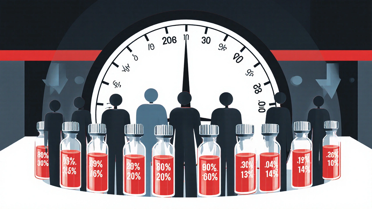 24 abstract figures in a lab holding blood vials, logarithmic scale in background with ratio arrows
