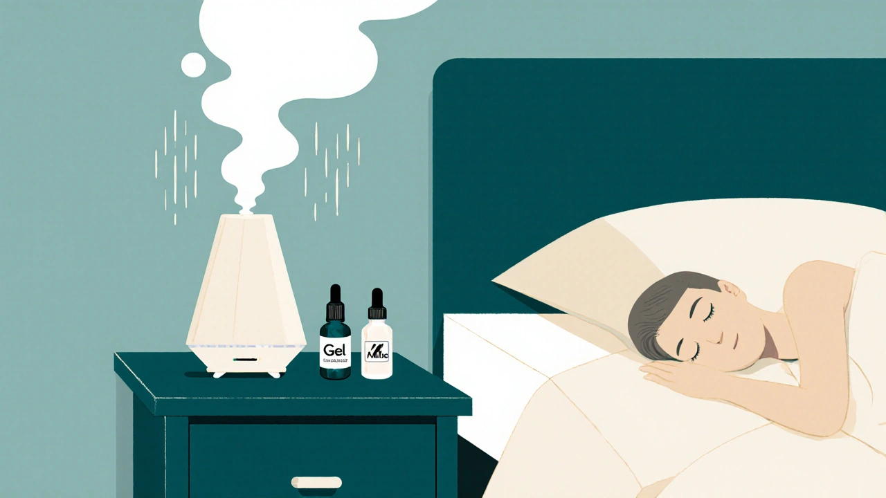 A minimalist humidifier beside a bed emitting steam waves, with eye drop bottles on a nightstand.