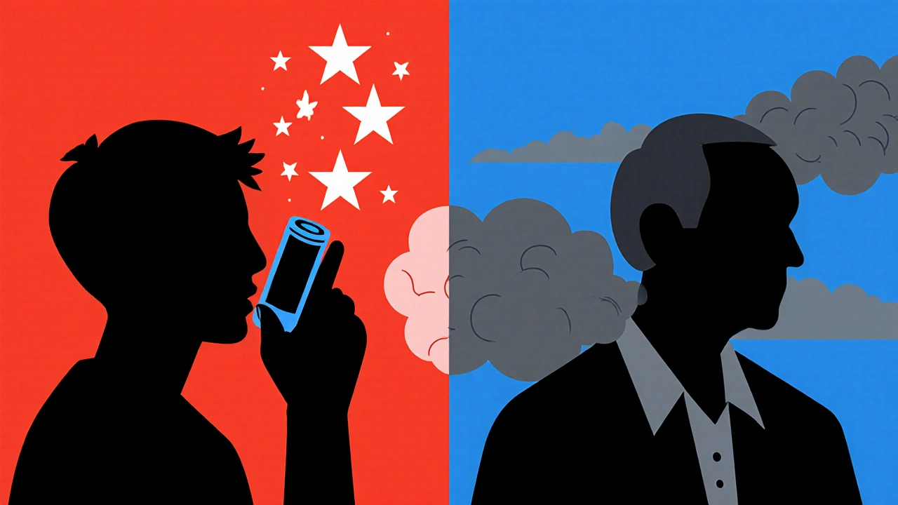 A patient using different inhalers for asthma and COPD, shown with symbolic air particles in geometric style.