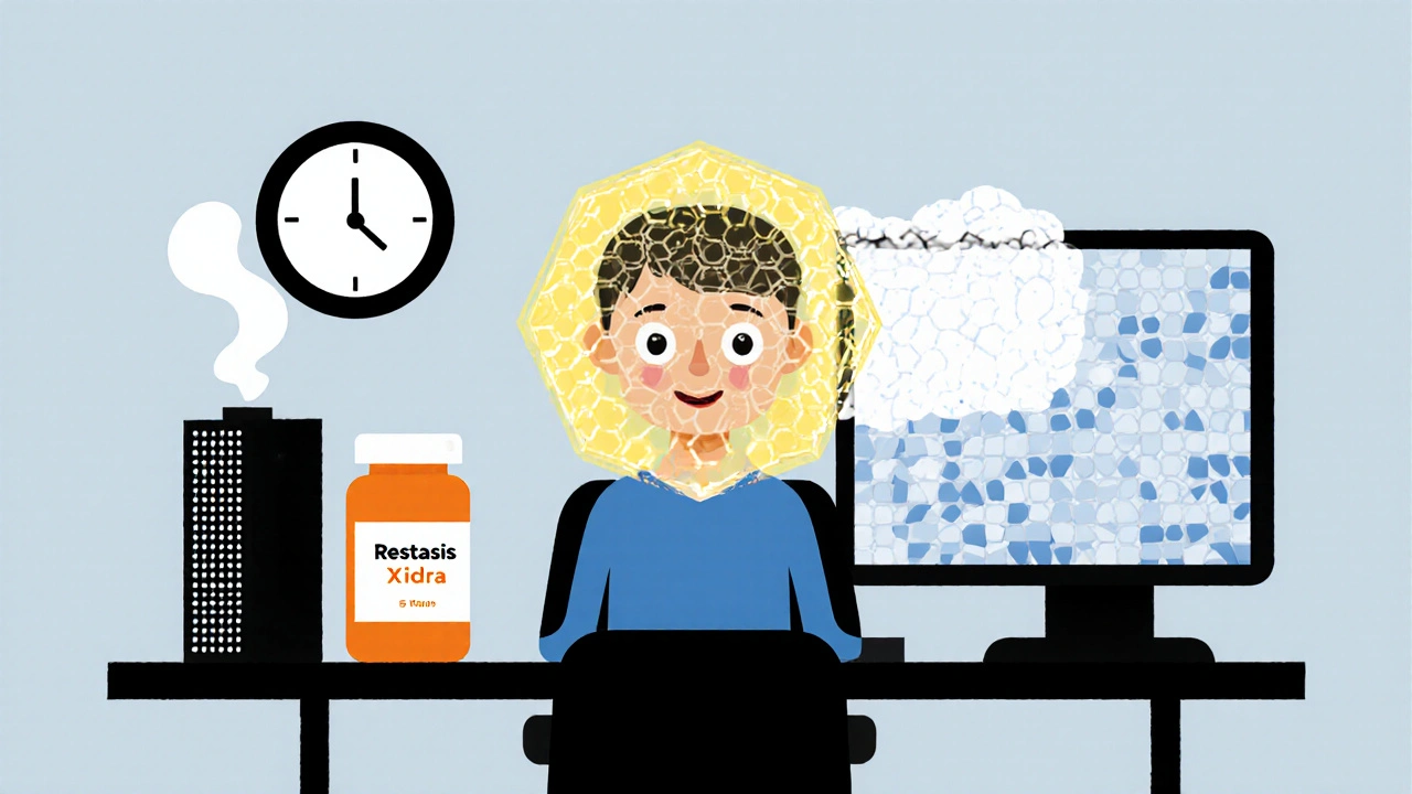 A person at a desk with a protective oil barrier over their eyes, surrounded by medication bottles and a computer.