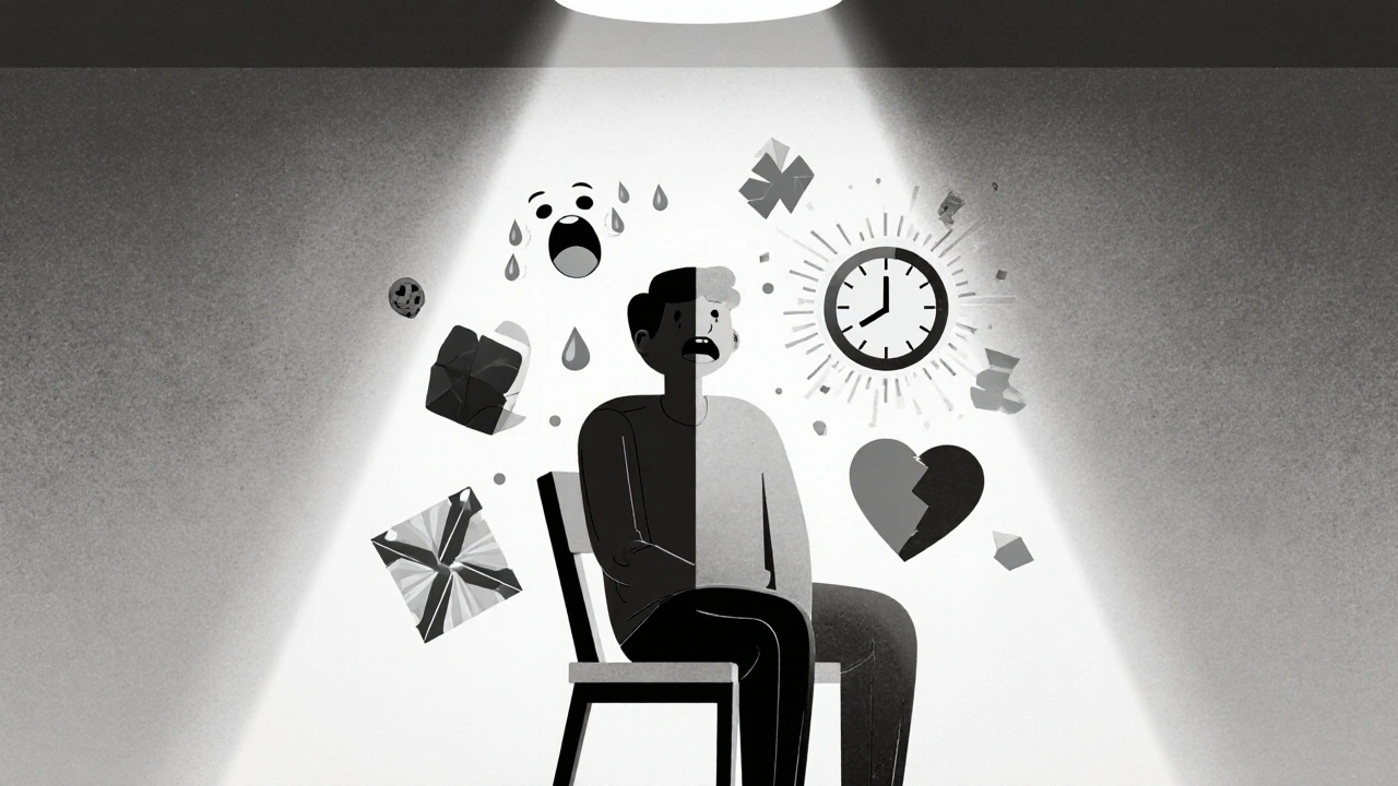 A person split between calm and chaotic emotional states, depicted in geometric Bauhaus illustration.