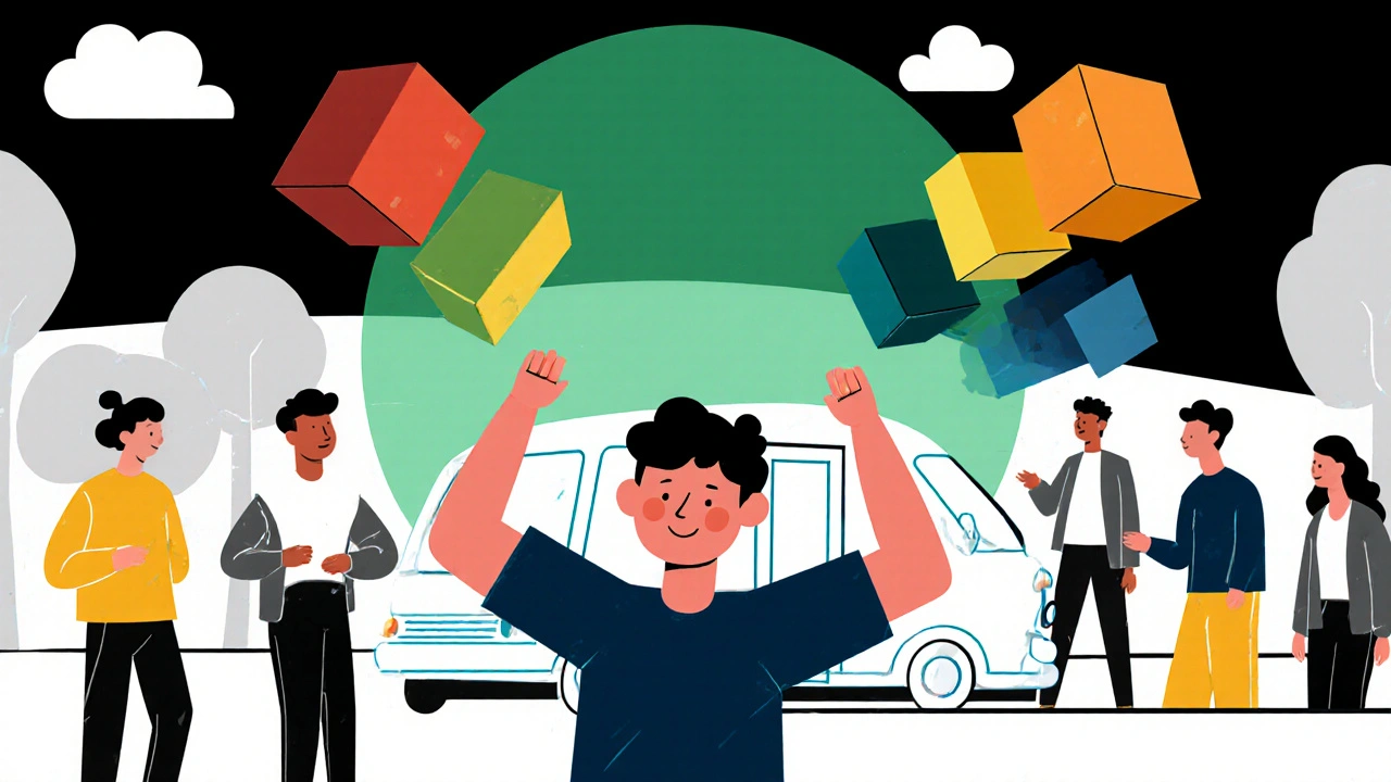 A student on a campus bus practicing controlled breathing with abstract squares symbolizing breath cycles.