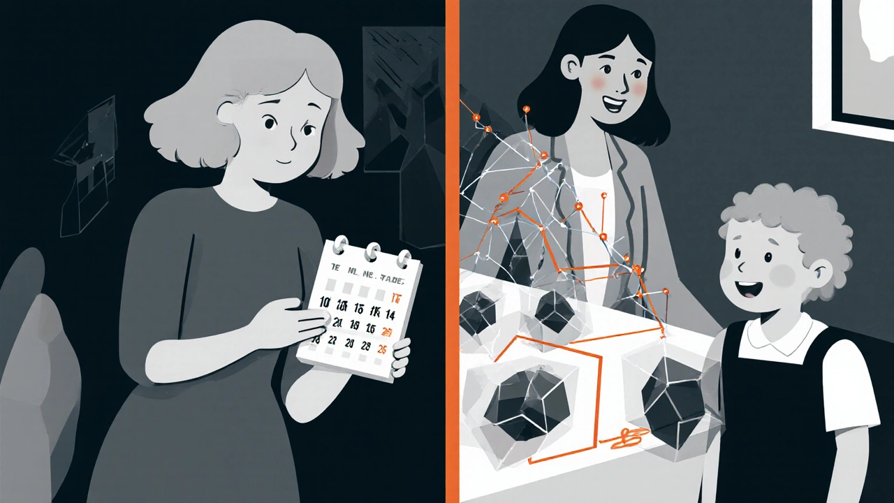 A woman receiving a pill, then smiling at a birthday party with timeline visuals