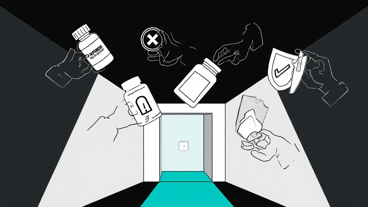 Abstract clinic hallway with floating medication errors being corrected into safety symbols